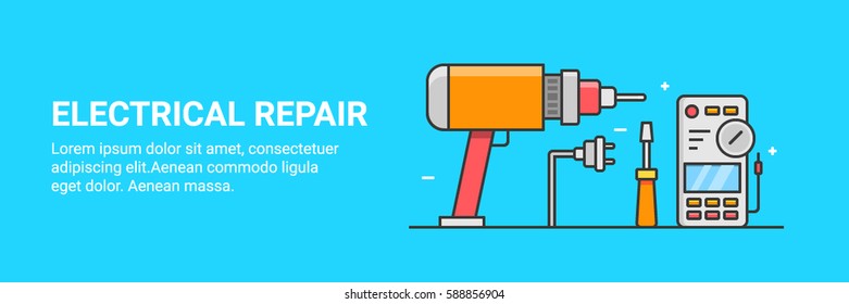 Electrical tools for electrical repair and service flat style vector banner isolated on blue background