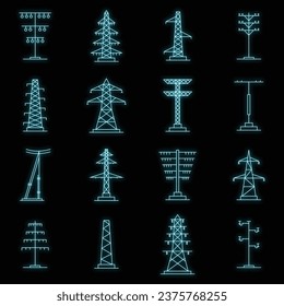 Electrical tower high voltage icons set. Outline illustration of 25 electrical tower high voltage vector icons neon color on black