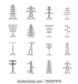 Electrical tower high voltage watts transmission icons set. Outline illustration of 25 electrical tower high voltage watts transmission vector icons for web