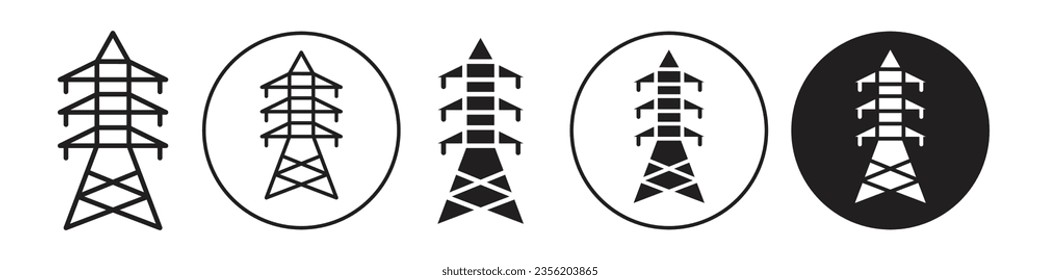 Electrical tower icon. High voltage electric power line pole symbol. Vector set of electricity cable structure. Flat outline of energy grid wire station in industry supply chain logo