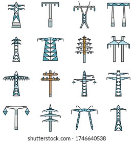 Symbol für den elektrischen Turm Konkrete Reihe elektrischer Turmvektorsymbole für Webdesign, isoliert auf weißem Hintergrund