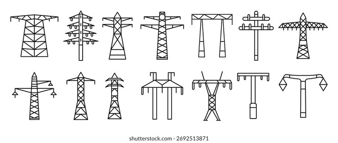 Electrical tower icon set. Outline set of electrical tower vector icons for web design isolated on white background