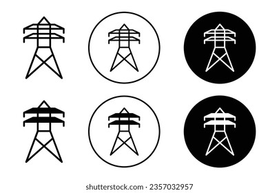 Electrical tower icon set. power energy utility grid transmission vector symbol in black filled and outlined style.