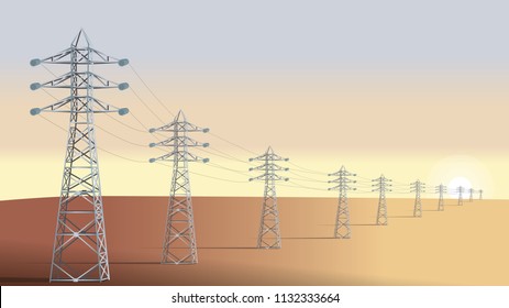 Electrical towers. High voltage power lines in the desert during the sunset. Flat design. Vector illustration.