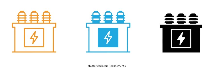 electrical transformer icon collection. Electrical transformer and substation icon set, power distribution equipment symbols for energy, utility and engineering projects.
