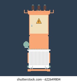 Electrical transformer and isolator. Electric substation in a flat style. Electrical Transformer booth.