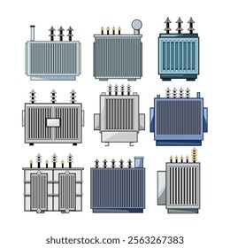 electrical transformer set cartoon. current power, efficiency winding, insulation phase electrical transformer sign. isolated symbol vector illustration