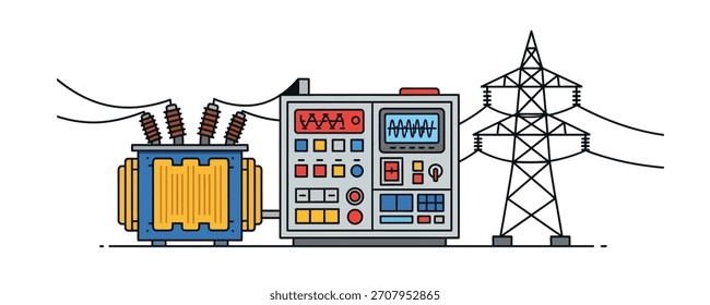 Ein elektrischer Transformator, Prüfeinrichtungen und ein Übertragungsturm sind in einem Cartoon-Stil dargestellt.