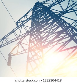 Electrical Transmission Line of High Voltage Over Bright Sky. Vector Illustration.