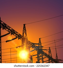 Electrical Transmission Line of High Voltage Over Sunset. Vector Illustration.