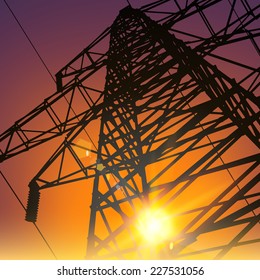 Electrical Transmission Line of High Voltage Over Sunset. Vector Illustration.