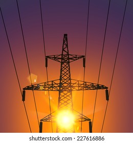Electrical Transmission Line of High Voltage With Bright Spark. Vector Illustration.