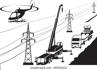 Electrical transmission line maintenance and repair - vector illustration