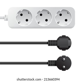 Electrical triple white plastic power socket strip with black europe type plug illustration, isolated objects on  white background