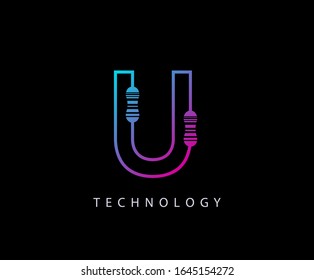Electrical U Letter Logo Icon Design With Carbon Resistor Shape.