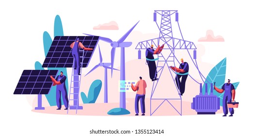 Entrega de energía eléctrica al consumidor. Transmisión y distribución de electricidad. Panel solar de instalación de caracteres y turbina de viento de mantenimiento. Ilustración de vectores planos de dibujos animados