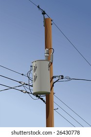 Electrical or utility pole with transformer, wires and insulators.