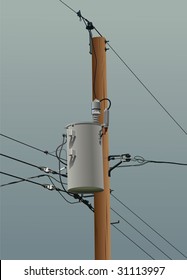 Electrical or utility pole with transformer, wires and insulators. Dark clouded stormy sky threatens to knock out power.