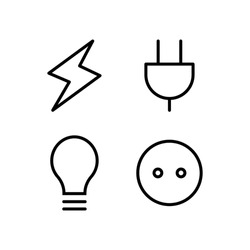 Electrical Vector Icon Plug Electric Cable Wire, Bolt Of Lightning Electric Power, Light Bulb, Plug-in Line And Flat Icons Set, Editable Stroke Isolated On White, Linear Vector Outline Illustration