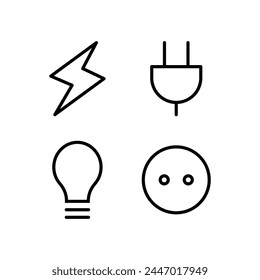 electrical vector icon Plug electric cable wire, Bolt of lightning electric power, Light Bulb, Plug-in line and flat icons set, editable stroke isolated on white, linear vector outline illustration
