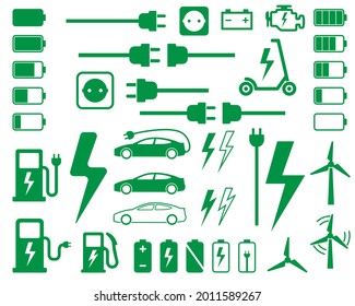 Electrical vehicle road charging station symbol icon set. Electric car logo sign button collection. Eco transport traffic energy power charge. Vector illustration image. Isolated on white background.