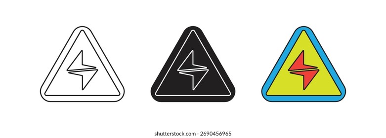 Conjunto de ícones de triângulo de aviso de tensão elétrica. Projeto plano de vetor de vetor de triângulo de aviso de energia elétrica.