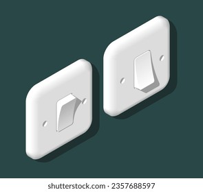 Electrical wall switch for lighting in on and off mode. 3D isometric illustration. Flat style. Isolated vector for presentation, infographic, website, apps and other uses.