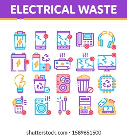 Electrical Waste Tools Collection Icons Set Vector Thin Line. Broken Electrical Cord And Battery, Phone And Earphones, Dynamic And Laptop Concept Linear Pictograms. Color Contour Illustrations