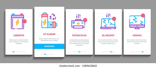 Electrical Waste Tools Onboarding Mobile App Page Screen. Broken Electrical Cord And Battery, Phone And Earphones, Dynamic And Laptop Concept Illustrations