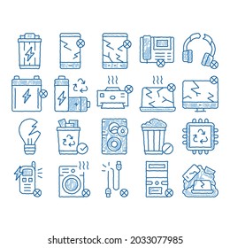 Electrical Waste Tools sketch icon vector. Hand drawn blue doodle line art Broken Electrical Cord And Battery, Phone And Earphones, Dynamic And Laptop Illustrations