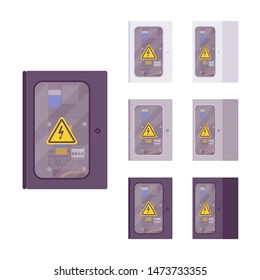 Electrical weatherproof box set. Industrial waterproof mounting equipment for outdoor and indoor uses. Vector flat style cartoon illustration isolated on white background, different views and colors