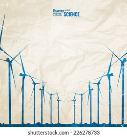Electrical windmill generators over old paper. Vector Illustration.