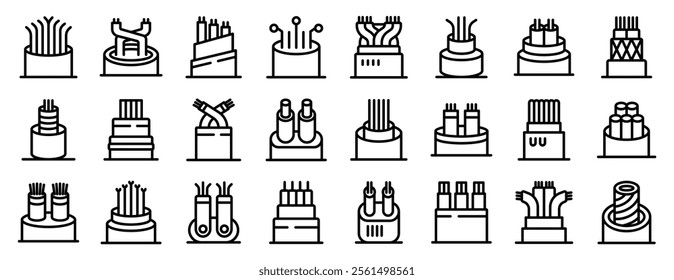 Electrical wire conductors icons set. Optical fiber cable wire icons set showing modern fiber optic cable technology for fast internet and data transfer