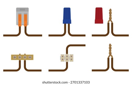 Métodos de conexão de fio elétrico. Ilustração de vetor de técnicas comuns de emenda de fio