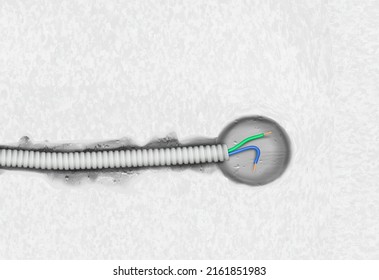 Electrical wire in the corrugated pipe and the hole for the socket. Vector illustration