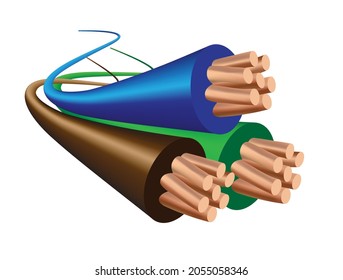 Electrical wire isolated on a white background. blue green and brown cables.