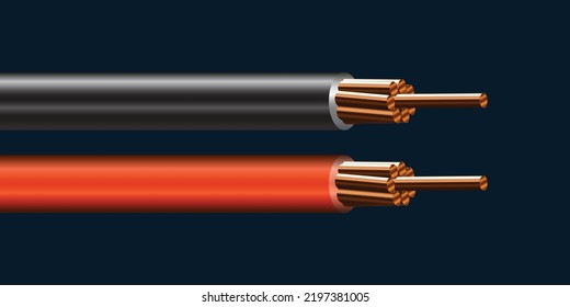 Electrical Wire On Black Background. Copper Wire Is The Electric Conductor Of Urban Society. Vector Realistic Illustration.