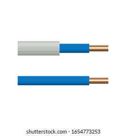 Electrical wire PVC with white and blue insulated. Single core power copper cable close-up. Vector illustration isolated on white background