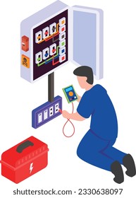 Electrical Wire Service Connector in Basement with Toolbox isometric Concept vector icon design, Electrical engineer symbol, Wiring specialist Sign, maintenance technician tool stock illustration