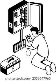 Electrical Wire Service Connector in Basement with Toolbox isometric Concept vector icon design, Electrical engineer symbol, Wiring specialist Sign, maintenance technician tool stock illustration