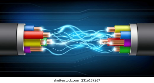 Electrical wires or cable with glowing electric arc discharge. vector illustration