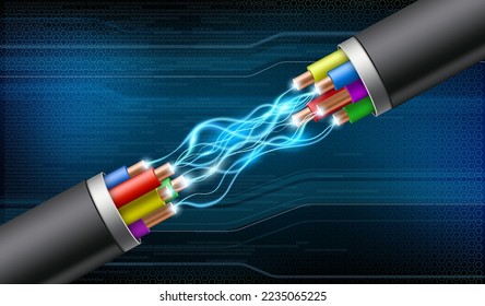 Electrical wires or cable with glowing voltage discharge. Vector illustration