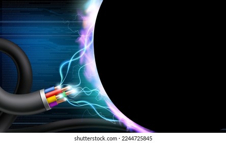 Electrical wires or cable with glowing voltage discharge. Background for text. vector illustration