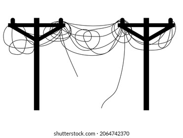 Electrical Wires And Telephone Cable On Electric Pole Messy Tangled And Broken Dangerous Black Icon Flat Vector Design.