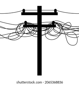 Electrical wires and telephone cable on electric pole messy tangled black icon flat vector design.