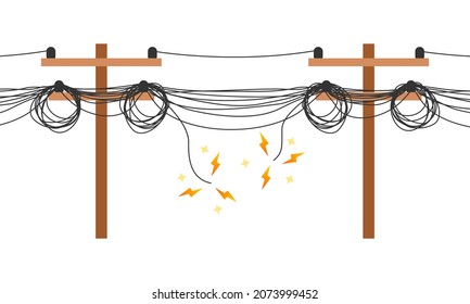 Electrical wires and telephone internet cable on electric voltage power pole messy tangled and damaged short circuit with spark icon flat vector design.