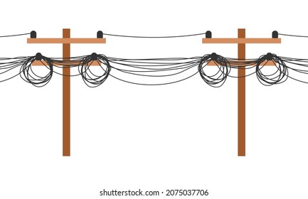 Electrical wires and telephone internet cable on electric voltage power pole messy tangled icon flat vector design.