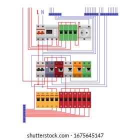 Electrical Wiring Installation Of The Distribution Board. Wiring Schematic Diagram. Vector Illustration Isolated On White Background