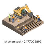 electrical wiring on the underground process electrical engineer and labors technician excavator backhole working and laying underground cable wire to pipe vector isometric isolated