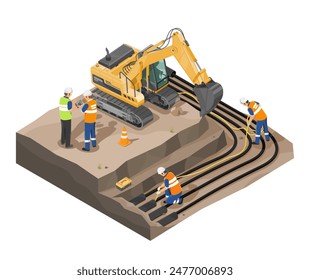 cableado eléctrico en el proceso subterráneo ingeniero eléctrico y técnico de mano de obra excavadora backhole trabajo y colocación de alambre de cable subterráneo para tubería Vector isométrico aislado